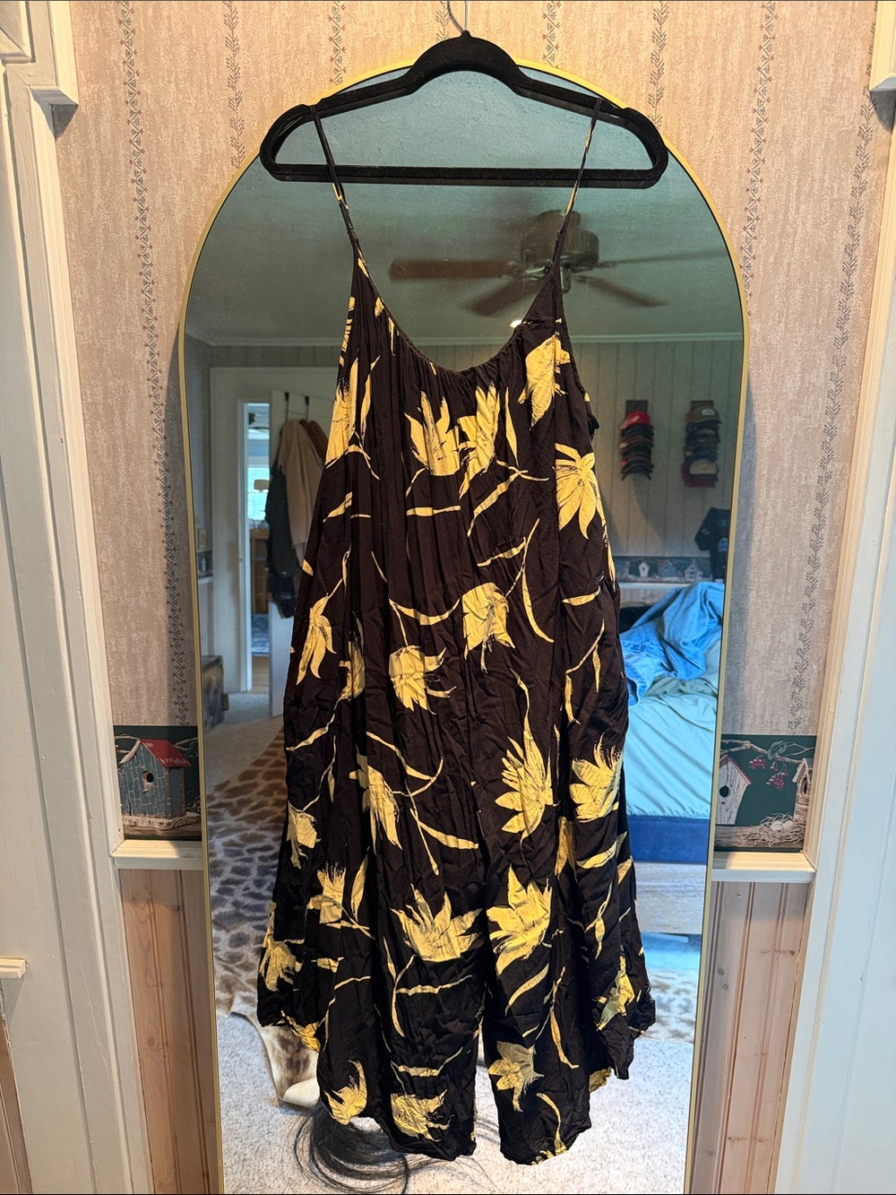 silence + noise Black Spaghetti-Strap Jumpsuit with Yellow Floral Print